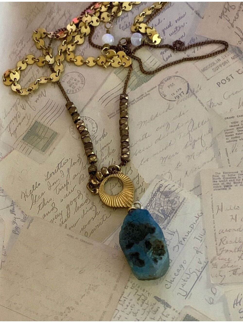 Unique Genuine Blue Stone Pendant Necklace with Gold-Tone Chain Beaded Accents